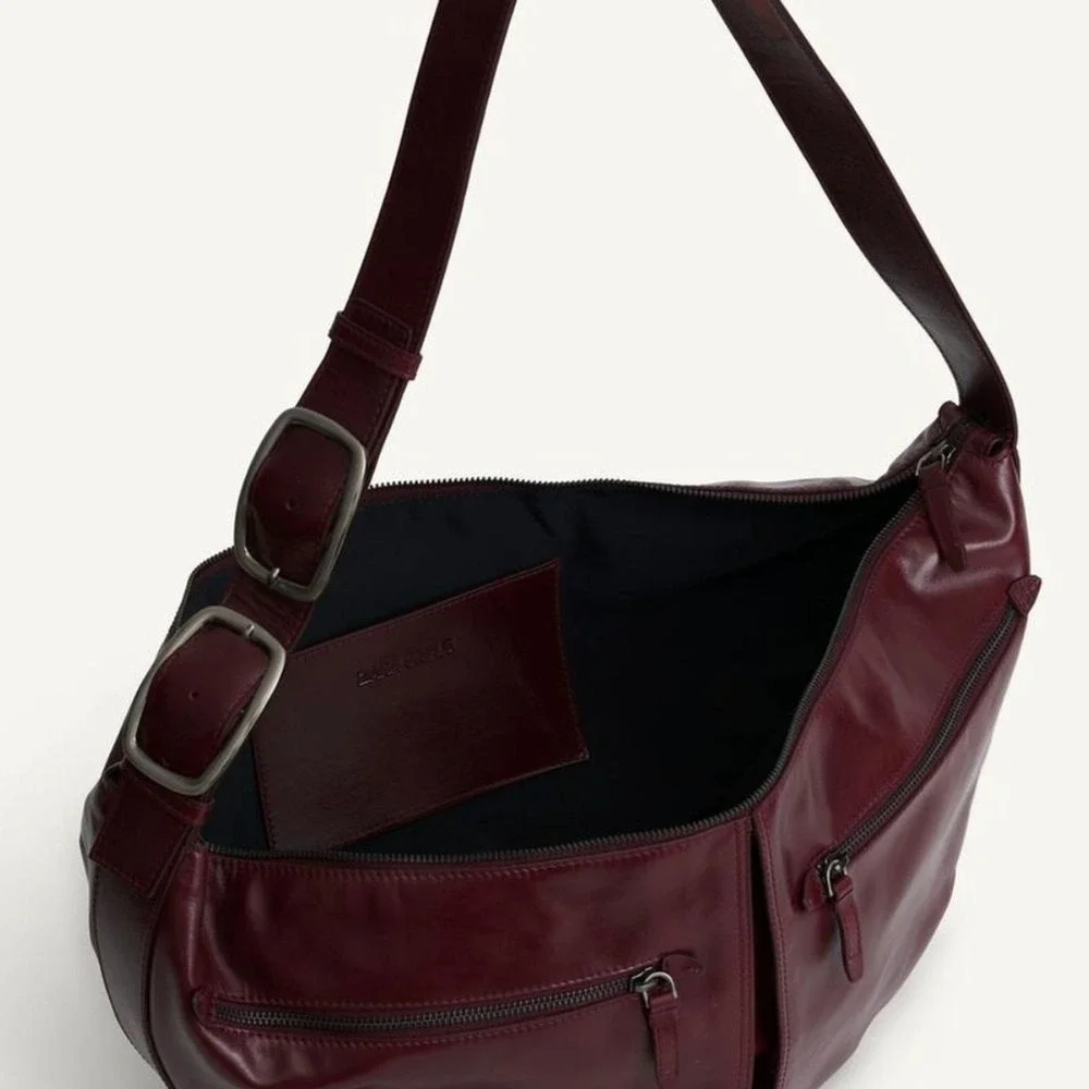 ZARA Large Burgundy Leather Crescent Shoulder Bag Double Buckle Strap Zip  close